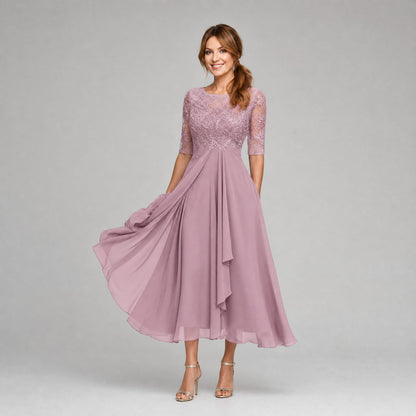 Amanda | Elegant Floral Lace Chiffon Midi Dress