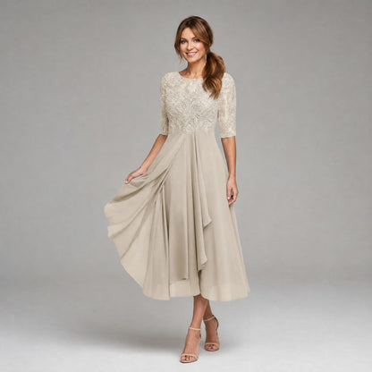 Amanda | Elegant Floral Lace Chiffon Midi Dress