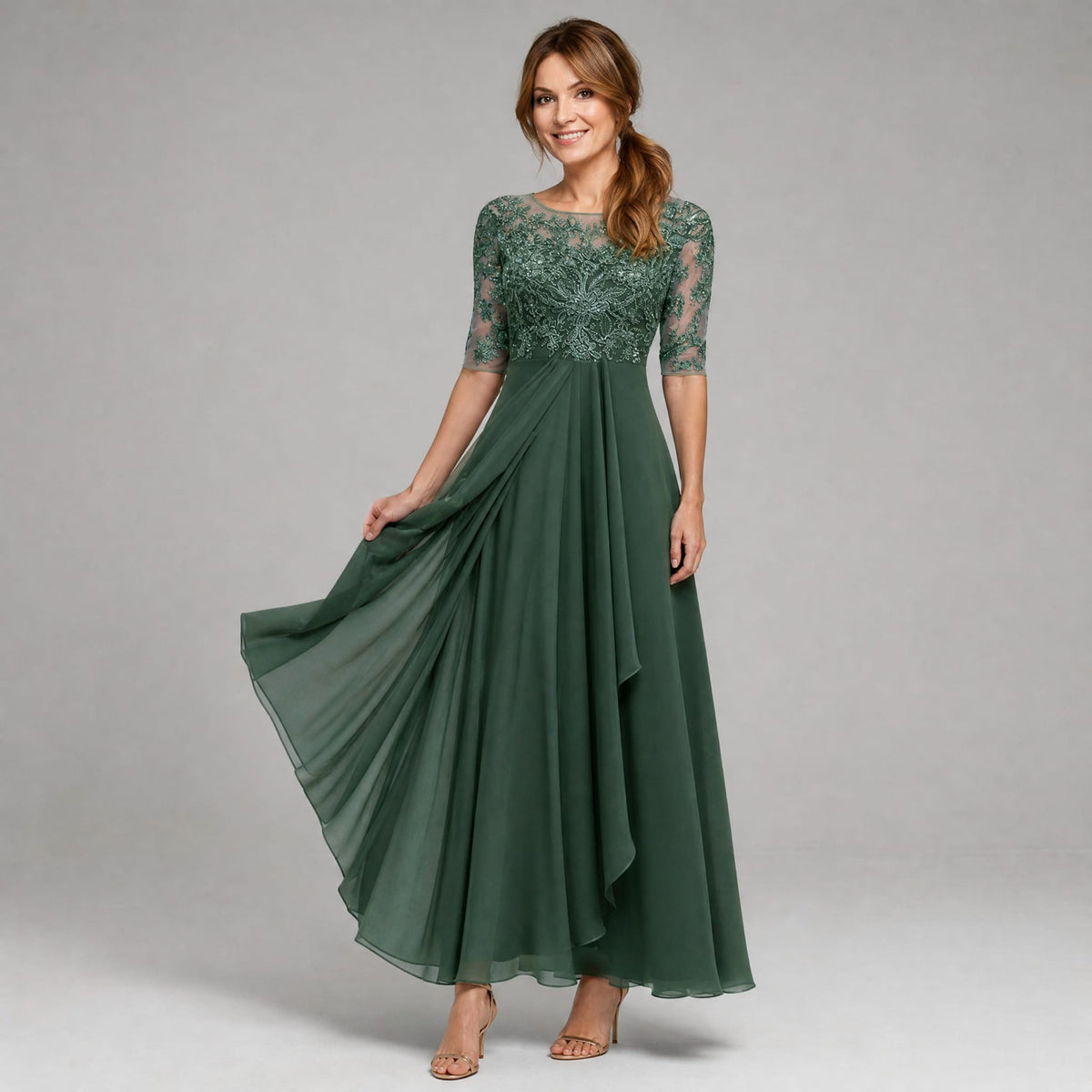 Amanda | Elegant Floral Lace Chiffon Midi Dress