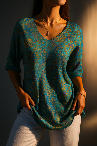 Women's Retro Art Print Casual Pullover Knit