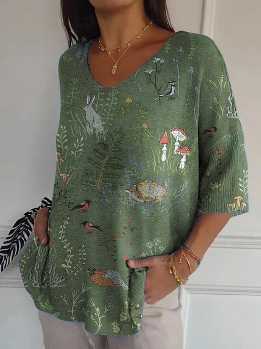 Woodland And Animals Repeat Pattern Printed Women's Casual Pullover Knit
