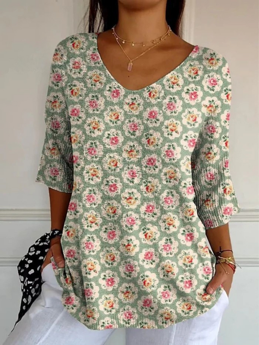 Women's Vintage Ethnic Floral Art Print Casual Pullover Knit