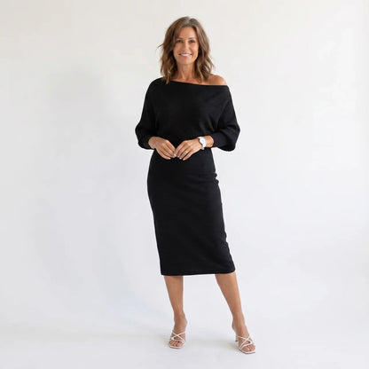 Ismeria | White Draped Batwing Midi Dress