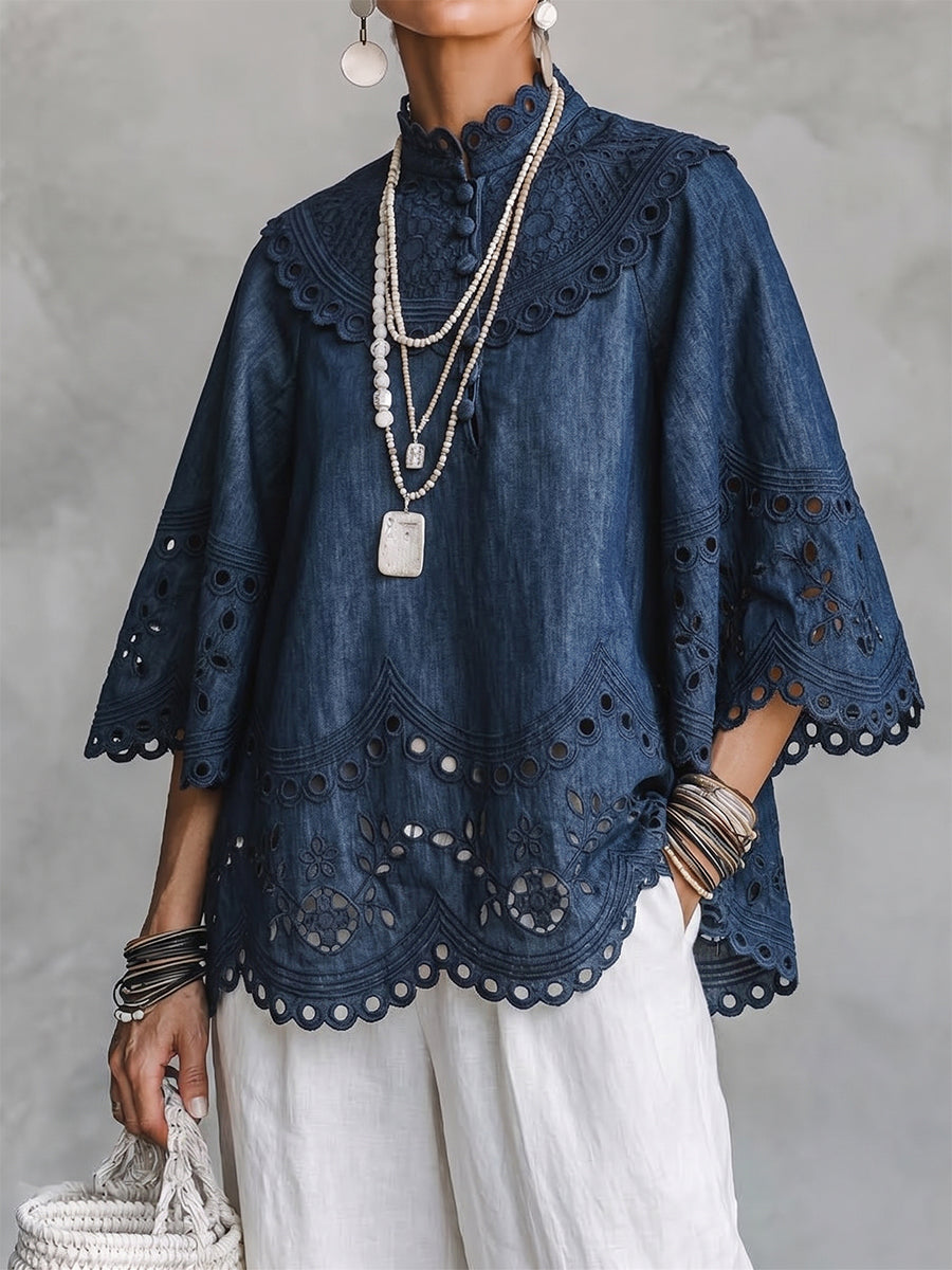 Ashley™ | Boho Embroidered Eyelet Denim Blouse