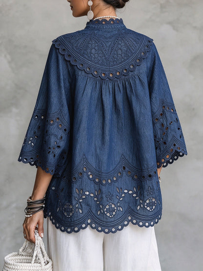 Ashley™ | Boho Embroidered Eyelet Denim Blouse